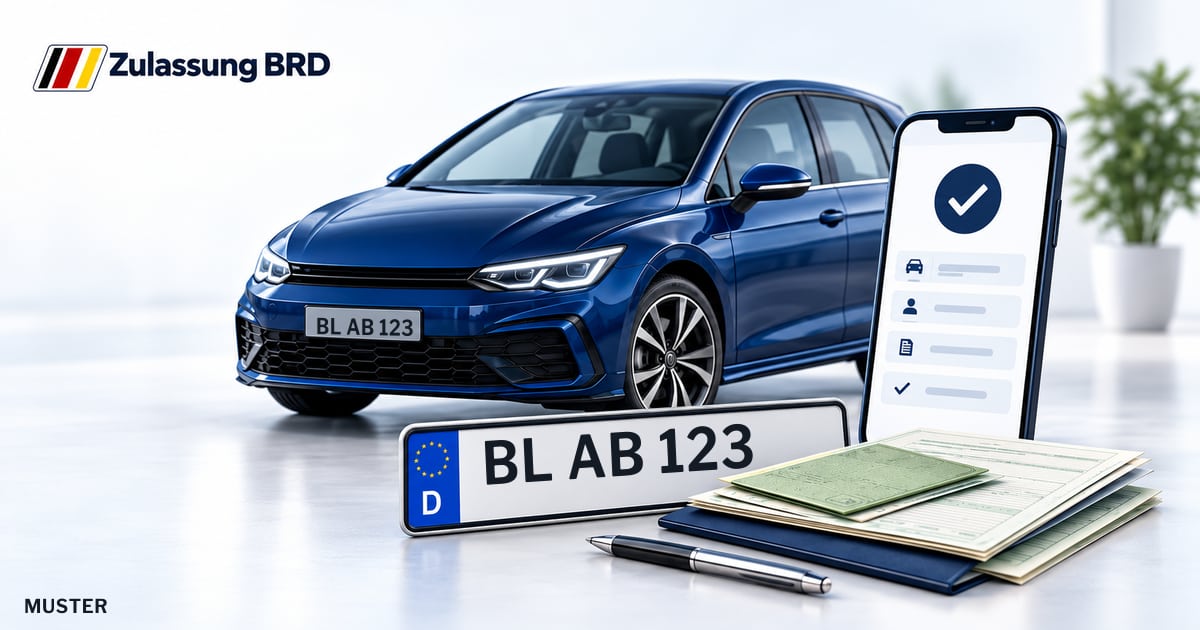 Online Fahrzeugzulassung in Haigerloch: Musterkennzeichen BL AB 123, Auto und Fahrzeugpapiere und Smartphone. Illustration mit Logo von Zulassung BRD.